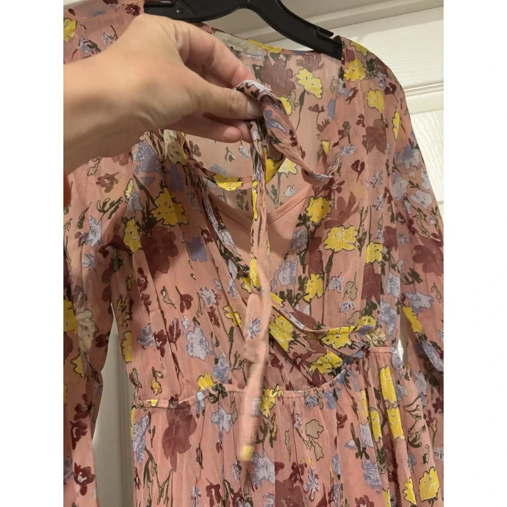 Wonderly Midi Dress Sheer Asymmetrical Hem Boho Flirty Pink Floral‎ Medium H245